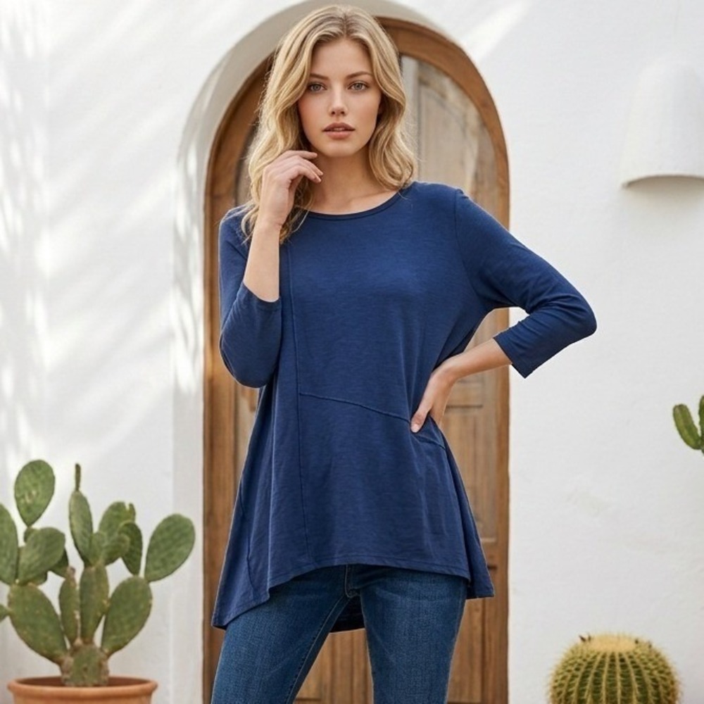 Zenergy by‎ Chicos 1 Navy Blue Asymmetrical Seam Tunic Top Grommet Sleeve Medium